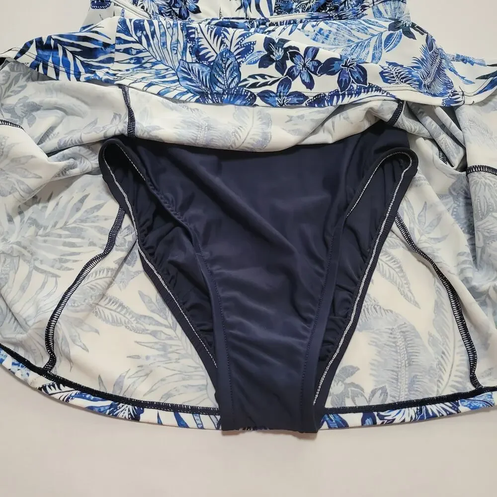 Swim Solutions Blue Blooms Printed Empire Waist Swimdress Modest NWT Size 8 - Picture 8 of 13